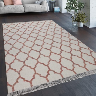 Paco Home Teppich Wohnzimmer Marokkanisches Muster Fransen Handgewebt Wolle Beige Rot, Grösse:200x300 cm