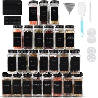 FoiiLiio Gewürzgläser Eckig Set, 24er 120ml Gewürzbehälter Glas, Gewürzstreuer Spice Jars & Gewürzgläser - Gewürzdosen Schwarzer Deckel- inkl. 243 Etiketten Schwarz & Streueinsatz & Silikontrichter
