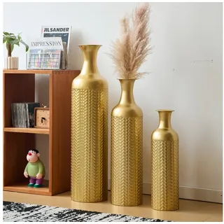 KLAM HOME Bodenvase Große Bodenvase 3er Set aus Metall, (50/65/83 cm), Mid-Century Modern (Dekovase Boden bis zur Decke reichende Vase, hohe dekorative Vase), Vintage Deko, Dekorative Vase für Wohnzimmer, Flur und Schlafzimmer goldfarben