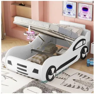OKWISH Kinderbett Kinder-Autobett 90x200 cm aus PU mit Stauraum (90x200cm, Inklusive Lattenrost und praktischem Bettkasten), Ohne Matratze – für abenteuerliche Träume und Ordnung weiß