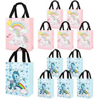 PHOGARY 12 Einhorn-Tüten für Kindergeburtstag, Goodie-Bags mit Stützboden & Henkeln, Party Gastgeschenke für Mädchen Jungen (6 rosa, 6 blau 20x25x10cm) - 20x25x10 cm