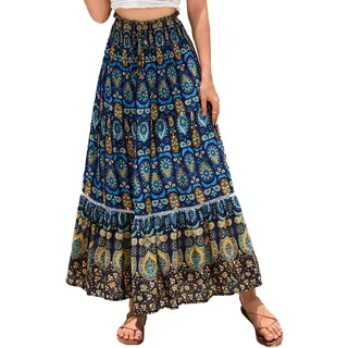 EMOTTOS Damen Maxirock Langer Rock, Boho Plisseerock Maxi Skirt Hohe Taille Geblümter Faltenrock Elastische, Hippie Rock Lang Rüschensaum Renaissance A-Linie Sommerrock Elegant, Blau S - S