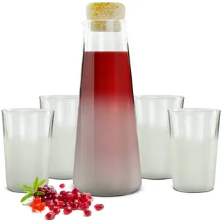 Sendez Glaskaraffe mit Korkdeckel + 4 Gläser, Milchglas‐Effekt – Wasserkaraffe, Dekanter, Saft‐ und Getränkeset