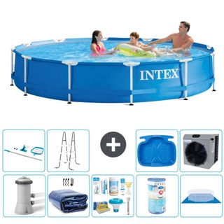 Intex Rundrahmen-Schwimmbecken – 366 x 76 cm – Blau – inklusive Pumpe Sonnensegel - Wartungspaket - Filter - Bodenplane - Reinigungskit - Leiter