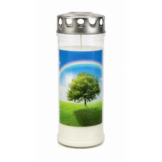 Kopschitz Kerzen Grabkerze 7-Tage-Brenner Grabkerze – Transparent Baum mit Regenbogen-Motiv weiß