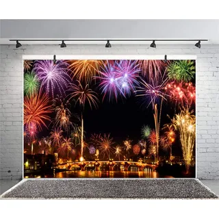 Xiaoterna 2,2x1,5m Frohes neues Jahr Fotografie Hintergrund Buntes Feuerwerk Kulisse Nachtansicht Bogenbrücke Märchenhafte Stadt Kulisse Neujahrskulisse Silvester Familie Feiertag Party Dekoration