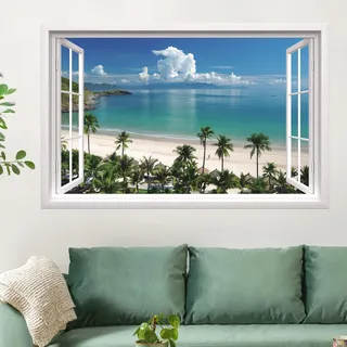 TOARTI 3D Strand Palme Wandtattoo Durchbruch Wandaufkleber für Wohnzimmer Schlafzimmer Küche Flur Bad Deko Mittelmeer Meer Fensterblick Aufkleber Natur Landschaft Deko 82x53cm(BxH)