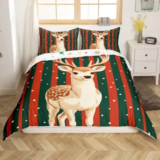 Loussiesd Weihnachten Bettwäsche Set 155x220cm Weihnachten Elch Hirsch Betten Set für Jungen Mädchen Weihnachten Schlafzimmer Frohe Weihnachten Xmas Bettbezug Set Streifen Xmas Dekor Bettwäsche-Set