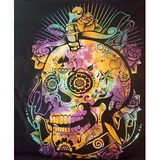 KUNST UND MAGIE Wandteppich Tagesdecke Wandbehang Totenkopf Deko Tuch Sugar Skull Rose Bunt XL