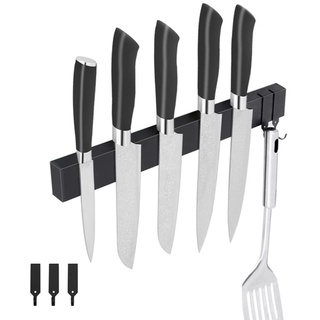 Magnetleiste Messer, FOGARI 30cm Messerhalter Magnetisch mit 3 Haken Edelstahl Messer Magnetleiste ohne Bohren Magnet Messerhalter für Utensilien und Werkzeuge (Schwarz)