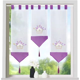 heimtexland ® Scheibengardinen Set 3-teilig Lamellen Gardine Transparent Bestickt mit Schlaufen Fensterdeko Lila Lavendel Typ710