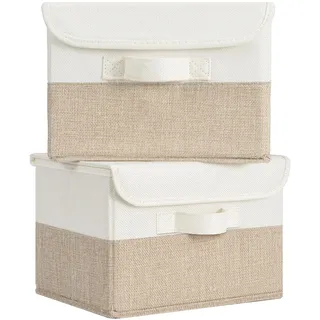 GRANNY SAYS Aufbewahrungsboxen mit Deckel, 2 Stück Kisten Aufbewahrung, Faltbare Aufbewahrungsbox mit Deckel Stoff, Aufbewahrungskörbe für Kleidung, weiß-braun, 25,5 x 20,5 x 17,5cm