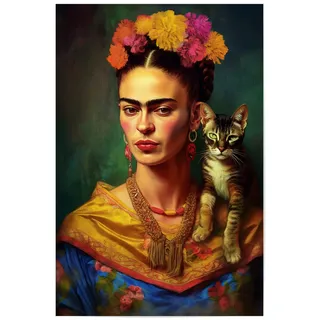 artboxONE Poster 45x30 cm Abstrakt Frida Kahlo mit Katze - Bild Frida Kahlo selbstportrait