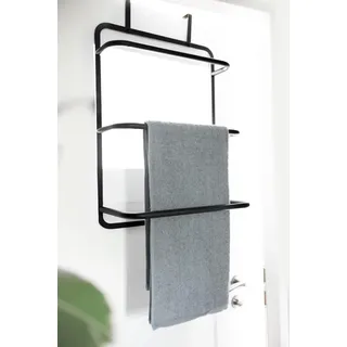 Sendez Handtuchhalter für Tür aus Metall Türhandtuchhalter mit 3 Querstangen und Ablagefach ohne Bohren schwarz Handtuchstange für Badezimmer