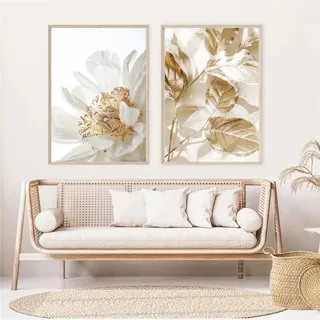 Sarah Duke Premium Poster 2er Set, Gold Blätter Weiß Blumen Wandbilder Leinwand Bilder, Leichter Luxus Wanddeko Poster Wohnzimmer, Ohne Rahmen (50 x 70 cm)