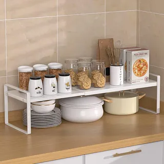 Erweiterbares Küchenschrankregal, ausziehbar, Karbonstahl, Gewürzregal für Speisekammer und Arbeitsplatte, 17 cm Höhe, vielseitige Aufbewahrungslösung für Zuhause, weißes Finish