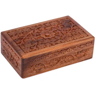 Ajuny Handgeschnitzte Dekorative Schmuckschatulle aus Holz mit Blumendesign Mehrzweck Schatztruhe Andenken Organizer Halsketten Uhrenboxen Ideal für Geschenke 8x5 Zoll