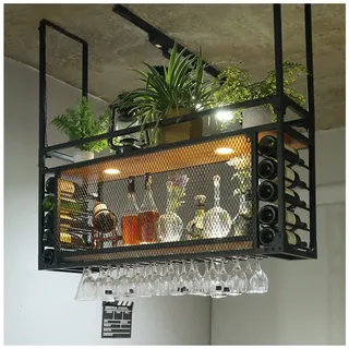 Hängendes Weinglasregal, Hängendes Weinregal mit Glashalter und Regal, Metall-Deckenregal mit Geländer, Kelch-Stielgläser-Regale, Schwarzes Metall-Deckenregal für Bar-Café-Küche ( Color : Black , Size
