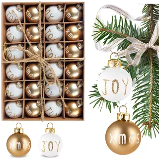 BRUBAKER 24-teiliges Set Weihnachtskugeln Joy & Xmas - 3 cm Baumschmuck | Mini Christbaumkugeln - Handbemalter Christbaumschmuck für Weihnachtsbaum - Bruchsicher - Gold und Weiß