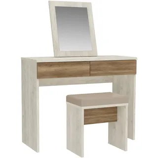Forte Duro Schminktisch 100, Moderne Landhaus Schminkkonsole mit 2 Schubladen und Spiegel, Holzwerkstoff, Pinie Weiß/Antik Eiche Holzdekor, 100,3 cm breit x 132,5 cm hoch x 41,3 cm tief