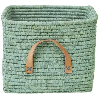RICE - Kleiner quadratischer Bastkorb mit Ledergriffen, Minzgrün, Blau