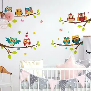 Wandtattoos Für Kinder: 9 Eulen Auf Ästen  Blühender Baum