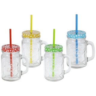 Spetebo Gläser-Set Trinkgläser mit Deckel und Strohhalm - 4er Set, Glas, Vintage Gläser mit Henkel weiß Ø 7,5 cm x 13,5 cm
