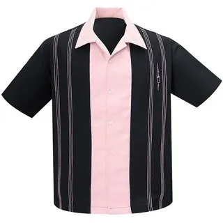 Steady Clothing Kurzarmhemd The Harper Black Pink Retro Vintage Bowling Shirt Rockabilly rosa L