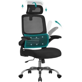 SONGMICS Bürostuhl, Schreibtischstuhl, ergonomisch, klappbare Armlehnen, hohe Rückenlehne, Netzstuhl mit Lendenwirbelstütze und Verstellbarer Kopfstütze, Wippfunktion, tintenschwarz OBN040B01