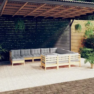 "Rabatt" 11-tlg. Garten-Lounge-Set - Balkonmöbel/Terrassenmöbel - mit Grauen Kissen Kiefernholz - Lounge-Dining set CC3486 - Grau