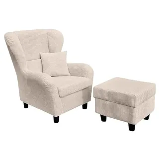 luma-Home 18017/ Ohrensessel mit Hocker im Landhaus-Stil, Beige Creme