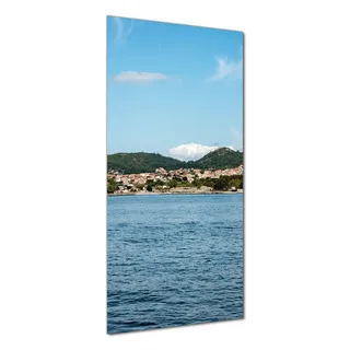 Wallario selbstklebende Duschrückwand 80 x 200 cm mit Motiv Stadt zwischen Bergen und Meer - Wandverkleidung mit Hochglanzlaminat in Glasoptik - Blau