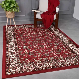VIMODA Orient Teppich rot beige klassisch dicht gewebt mit Ornament und Blumenmotiven, Maße:120x170 cm