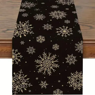 Treer Weihnachten Tischläufer aus Leinen, Lang Rechteckige Weihnachtstischläufer mit Xmas Schneeflocke Druck für Winter Weihnachten Party Festival Tisch Deko, Abwaschbar (33x229cm,Schwarzes Gold)