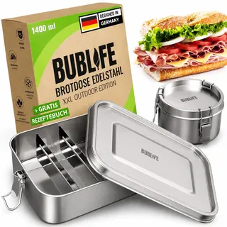 Bublife Brotdose Edelstahl mit Fächern Lunchbox inkl. kleine runde Dose - 1400ml - Kinder & Erwachsene