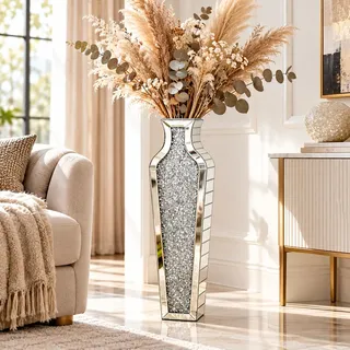 Bodenvase Silber Vase Groß: 68 cm Hoch Vasen Kristall für Pampasgras, Glas verspiegelte Diamanten Blumenvase, Dekorative Luxus Bodenvasen für Wohnzimmer Home Decor– Kein Wasserhalt
