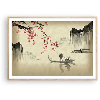 Poster 100x70 cm Wandbild Kunstdruck Landschaften Menschen - 5020 - P2N | Blume Kirschen Japan Wandposter mit hellem Eichenrahmen Wohnzimmer mit hellem Eichenrahmen Wanddeko Kunstposter ARTTOR