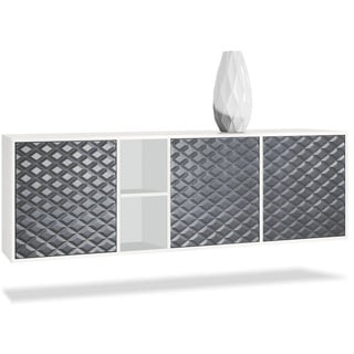 Vladon Sideboard Cuba (Kommode, mit 3 Türen und 2 offene Fächer), Weiß matt/3D Stahlgrau (182 x 53 x 35 cm) grau