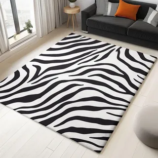 Generisch Cartoon Zebra Streifen Teppich Wohnzimmer 120x170cm, Kurzflor Teppich Schlafzimmer, Waschbar Super Weich Langlebig Rutschfester Teppichen für Kinderzimmer, Esszimmer, Schwarz Weiß
