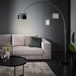 cagü: Design Bogenlampe LUXX Chrom glänzend mit Marmorfuß Schwarz 170-210cm Höhe verstellbar Designklassiker - Silber