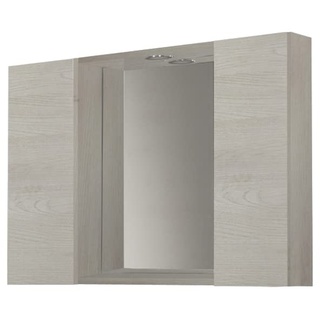 Mama Store Badezimmerspiegel mit 2 Fächern und LED-Licht – weiß glänzend lackiert, Holz, L.81 cm X P. 16 cm X H. 60 cm