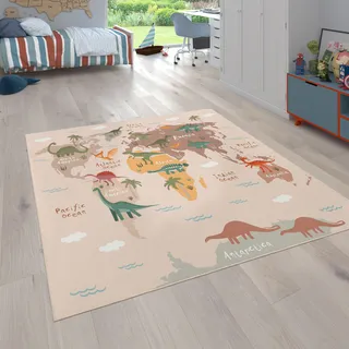Kinderteppich PACO HOME "Bino 583" Teppiche Gr. B/L: 200 cm x 290 cm, 4 mm, 1 St., beige Kinder Kinderzimmerteppiche Spielteppich, Motiv Weltkarte & Dinosaurier, Kinderzimmer