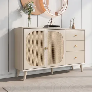 FurnitureR Esszimmer Wohnzimmer Stehschrank Aufbewahrung Sideboard TV-Tisch mit Türen und Schubladen Sideboard mit großem Stauraum Offwhite Creme Breite 120 cm
