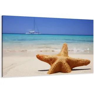 Visario Leinwandbild 120x80 cm 5115 Seestern Strand Meer Segelboot - Wandbild Türkis Orange Sand Sommer Urlaub Karibik - Fertig Aufgespannt auf Holzrahmen - Moderne Wanddekoration für Wohnzimmer Büro
