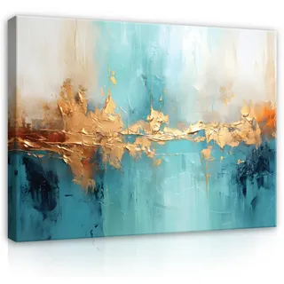 WallArena Leinwand Bilder 100x75 cm | Küche Abstrakt Kunst Gold Blau, Leinwandbilder, Bild auf leinwand, Format: 100x75 cm (BxH) - einteilig auf Canvas