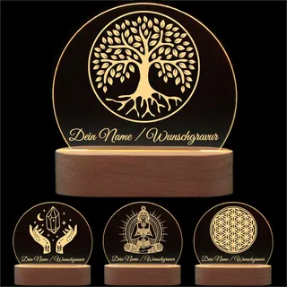 die-veredler Nachtlicht personalisiert mit Name – Meditationslicht & spirituelle Nachttischlampe aus Acryl und Holz – Esoterische Deko, Yoga Lampe, Achtsamkeit Geschenkidee (Esoterik)