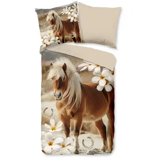 PURE luxury collection Fabi Pferd/Blume Mikrofaser Beige 135 x 200 cm + 2 x 80 x 80 cm