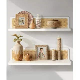 Famanu Wandregal Set Boho Planken Natur Rattan - 60x15x13 cm