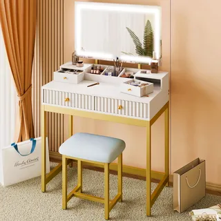 Mondeer Schminktisch mit Spiegel und Hocker, Schlafzimmer Frisiertisch mit 3 Farben LED-Beleuchtung 2 Schubladen 2 Schmuckkasten und 3 offenen Fächern, für Schlafzimmer, Weiß und Gold