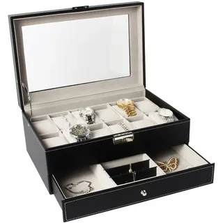 Todeco - Schmuckbox für Uhren,Uhrenbox,Schmuckkästchen für Damen und Herren, 12 Uhren, Schmuckschublade und Display, Größe: 30 x 20 x 14 cm - Grau...